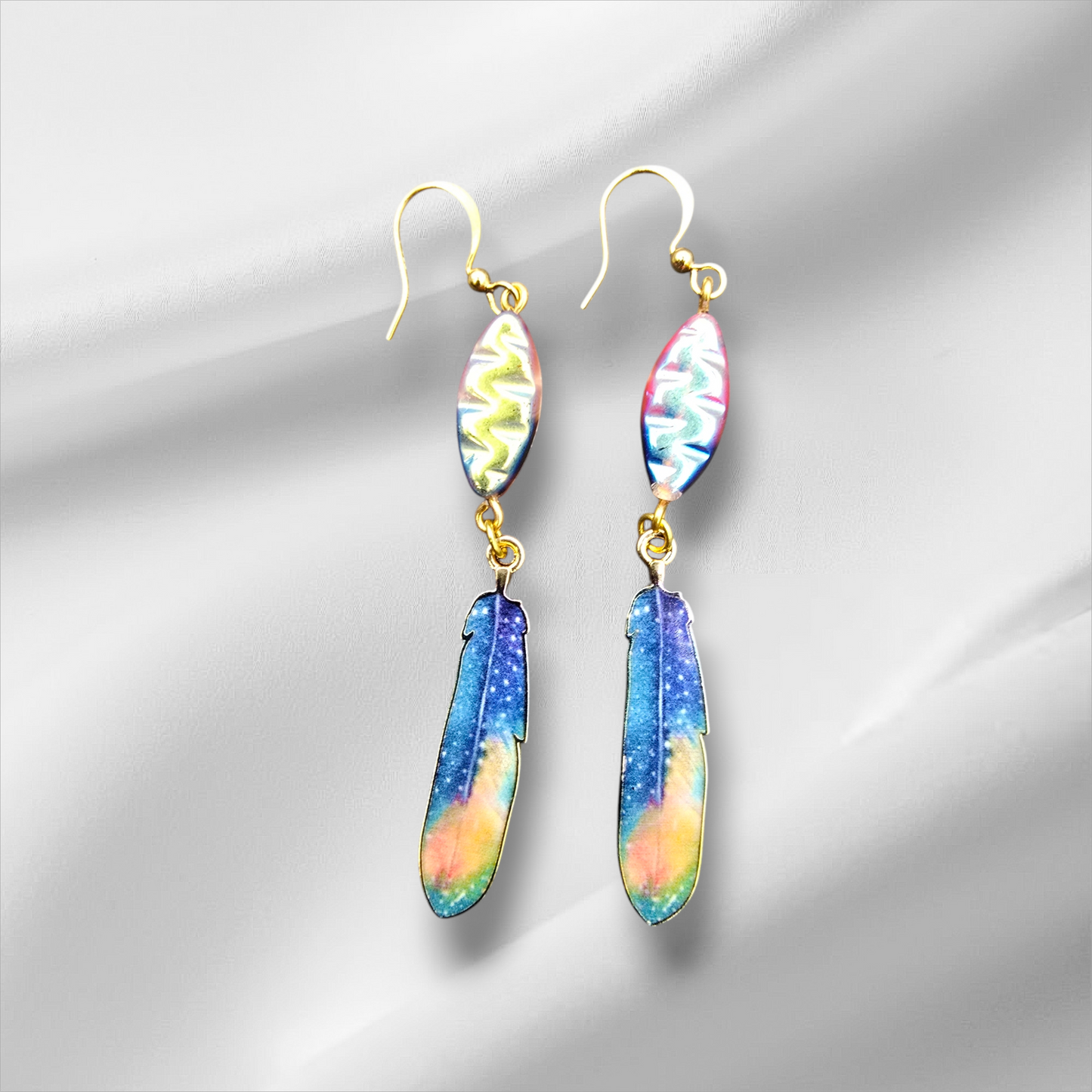 a pair of multicolored earrings on a white background