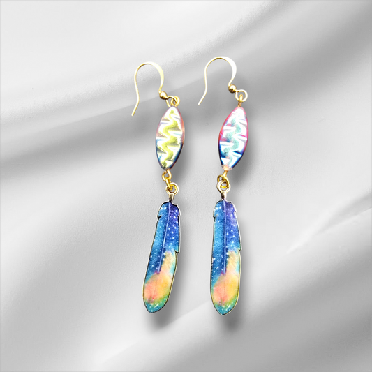 a pair of multicolored earrings on a white background